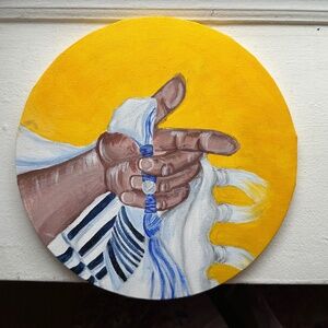 Original Acrylic Painting – Hands with Tallit & Tzitzit on Yellow Background